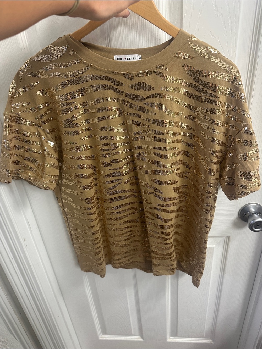 CHERRYBETTY Gold Sequin Tiger stripe Short Sleeve Tee